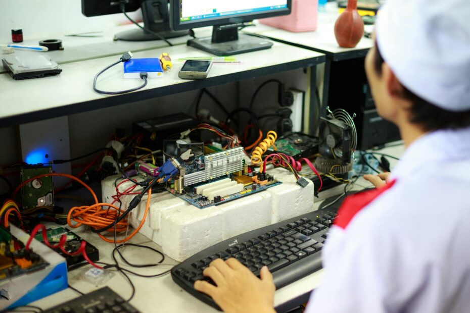A man in a laboratory uniform working on computer components and wiring at a workstation.