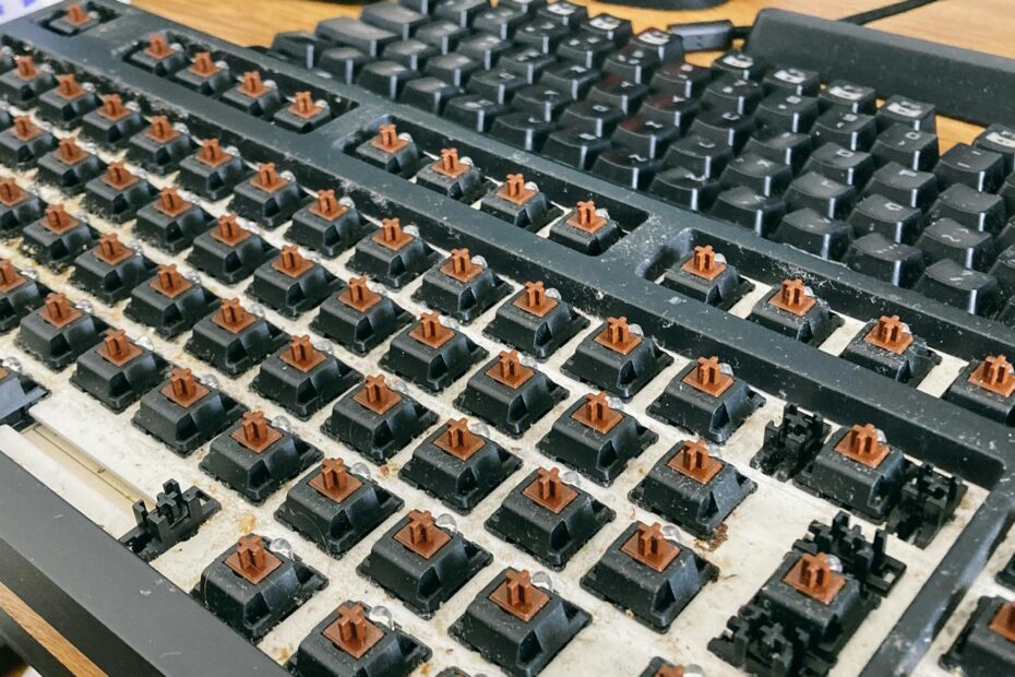 From above of computer keyboard with removed keycaps for cleaning dust and dirt