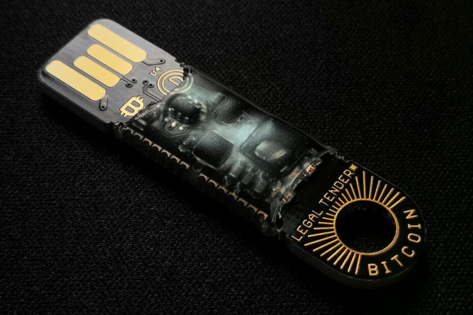 A detailed close-up of a Bitcoin-themed USB device on a black background.