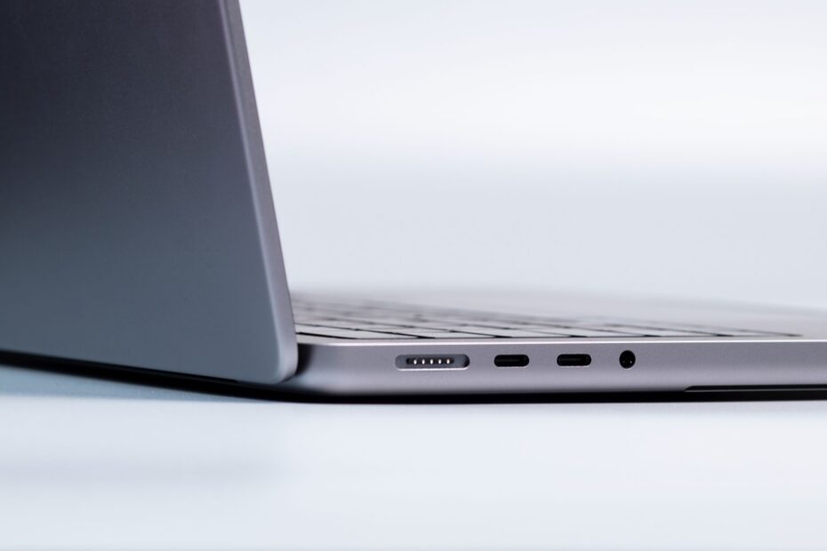 Close-up of a modern laptop's side showing ports and sleek design.