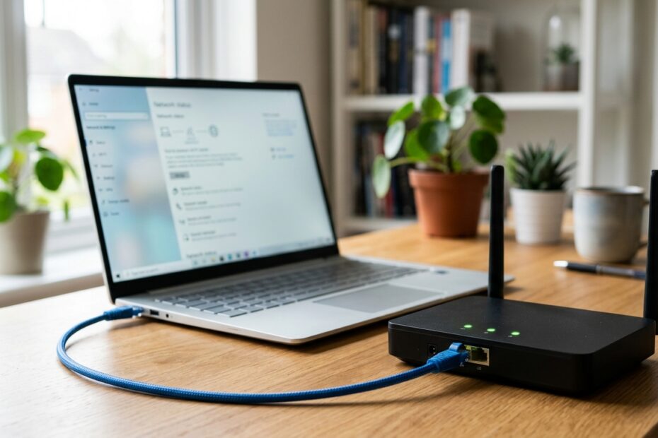 Σύγχρονο router συνδεδεμένο με καλώδιο Ethernet σε φορητό υπολογιστή σε γραφείο για τη ρύθμιση του D