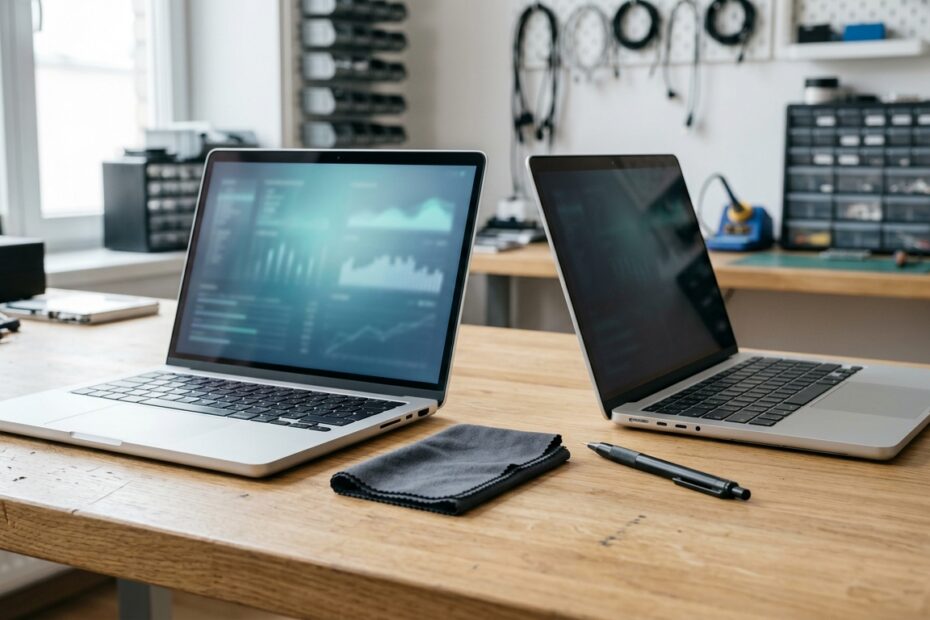 Σύγκριση ανακαινισμένου και καινούριου laptop σε σύγχρονο πάγκο εργασίας τεχνικού ελέγχου.