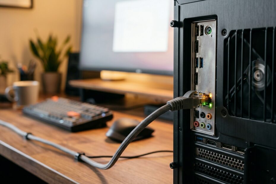 Καλώδιο Ethernet συνδεδεμένο σε υπολογιστή γραφείου με αναμμένες ενδεικτικές λυχνίες δικτύου για εκκ