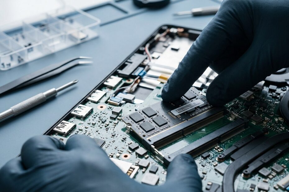 Εγκατάσταση και αναβάθμιση μνήμης RAM SO-DIMM σε ανοιχτό laptop πάνω σε πάγκο επισκευής.