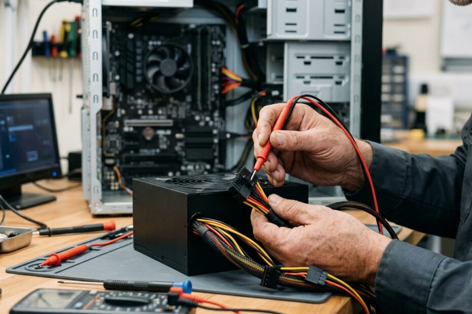 Τεχνικός υπολογιστών ελέγχει με διαγνωστικό εργαλείο τα καλώδια τροφοδοτικού PC σε πάγκο επισκευής.
