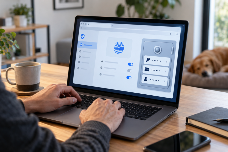 Χρήστης ελέγχει τις ρυθμίσεις passkeys και τον password manager σε φορητό υπολογιστή